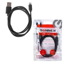 Кабель USB 2.0 – Lightning, 1 м, SONNEN, медь, для передачи данных и зарядки, черный, 513116