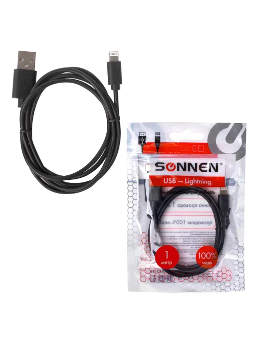 Кабель USB 2.0 – Lightning, 1 м, SONNEN, медь, для передачи данных и зарядки, черный, 513116