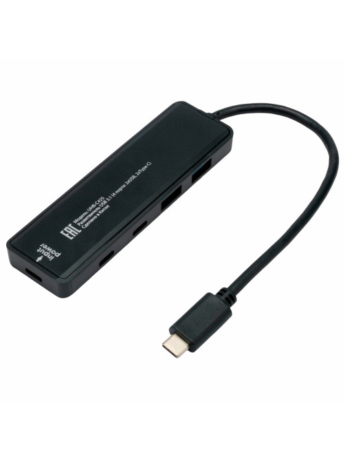 Хаб USB 3.1, 2xUSB, 2xType-C, с дополнительным питанием (Type-C), кабель Type-C 19 см, черный, GEMBIRD UHB-C425