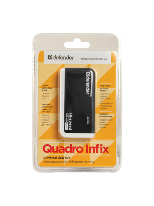 Хаб USB 2.0, 4 порта, порт для питания, черный, DEFENDER QUADRO INFIX, 83504