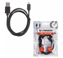 Кабель USB 2.0 – micro USB, 1 м, SONNEN, медь, для передачи данных и зарядки, черный, 513115