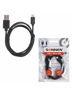 Кабель USB 2.0 – micro USB, 1 м, SONNEN, медь, для передачи данных и зарядки, черный, 513115