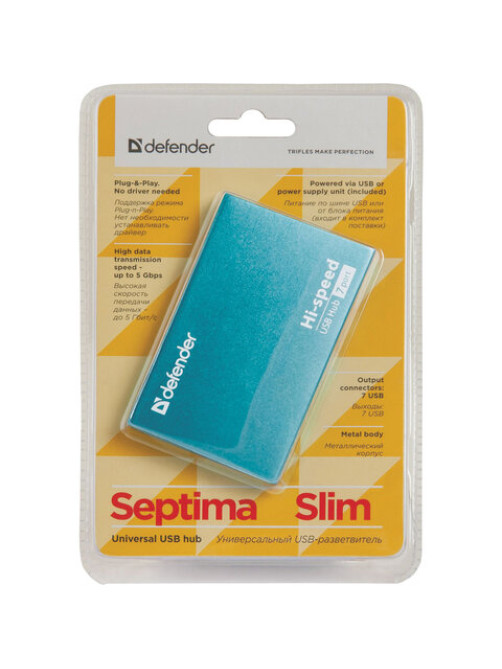 Хаб USB 2.0, 7 портов, порт для питания, синий, DEFENDER SEPTIMA SLIM, 83505