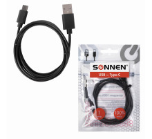 Кабель USB 2.0 – Type-C, 1 м, SONNEN, медь, для передачи данных и зарядки, черный, 513117