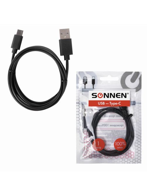 Кабель USB 2.0 – Type-C, 1 м, SONNEN, медь, для передачи данных и зарядки, черный, 513117