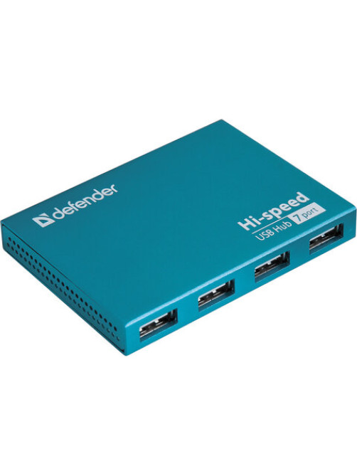 Хаб USB 2.0, 7 портов, порт для питания, синий, DEFENDER SEPTIMA SLIM, 83505