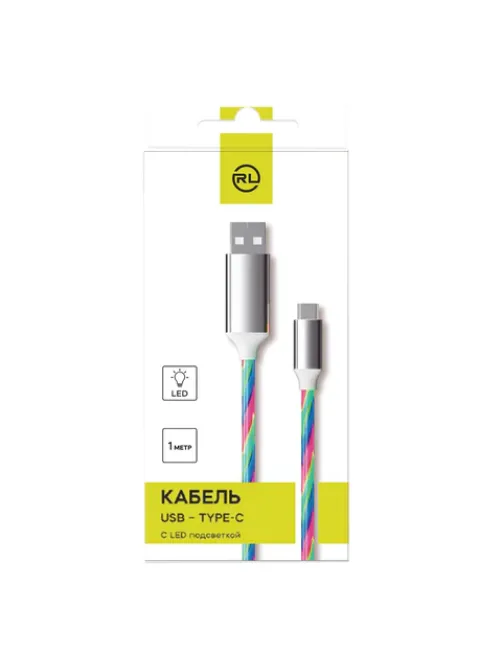 Кабель с LED-подсветкой USB 2.0-Type-C, 1 м, RED LINE, белый, УТ000022103