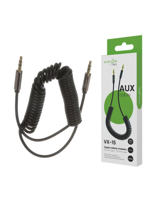 Переходник AUX, jack 3,5 (M) – jack 3,5 (M), 2 м, VIXION PRO VX-15, спираль, черный, 02755, БП-00000935