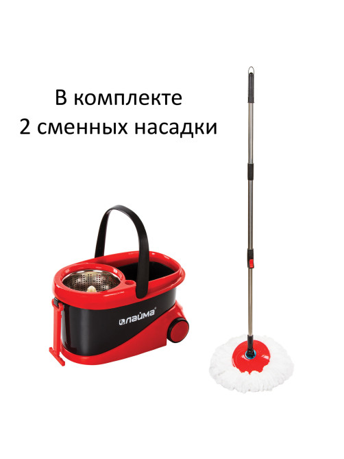 Швабра с отжимом и ведром 19л/9л на колесах и ручкой для перевозки, отжим центрифуга, 2 круглые насадки, черно-красный, LAIMA, 606303, M029B