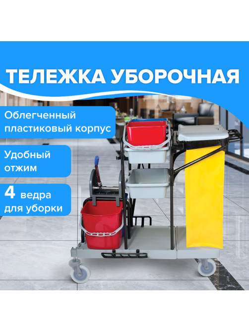 Тележка уборочная BRABIX, ведра 2х20 л, 2х11 л, механический отжим, держатель для мешка, мешок, 2 поддона, 601501