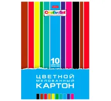 Картон цветной А4 МЕЛОВАННЫЙ, 10 листов 10 цветов, в папке, HATBER, 195х280 мм, 