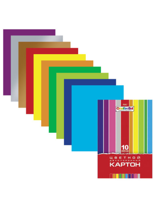 Картон цветной А4 2-сторонний МЕЛОВАННЫЙ, 10 листов 10 цветов, папка, HATBER, 195х280 мм, 
