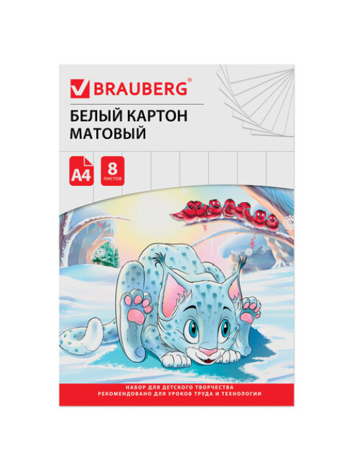 Картон белый А4 немелованный (матовый), 8 листов, в папке, BRAUBERG, 200х290 мм, 