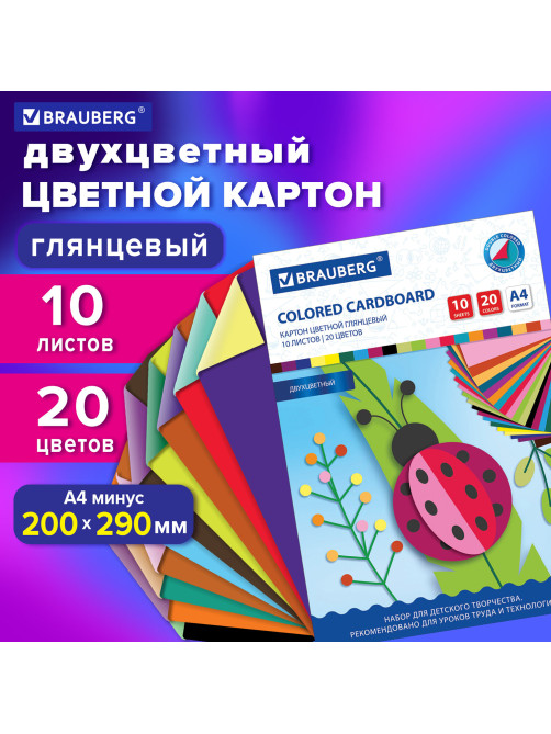 Картон цветной А4 2-цветный МЕЛОВАННЫЙ, 10 листов, 20 цветов, в папке, BRAUBERG, 200х290 мм, 113553
