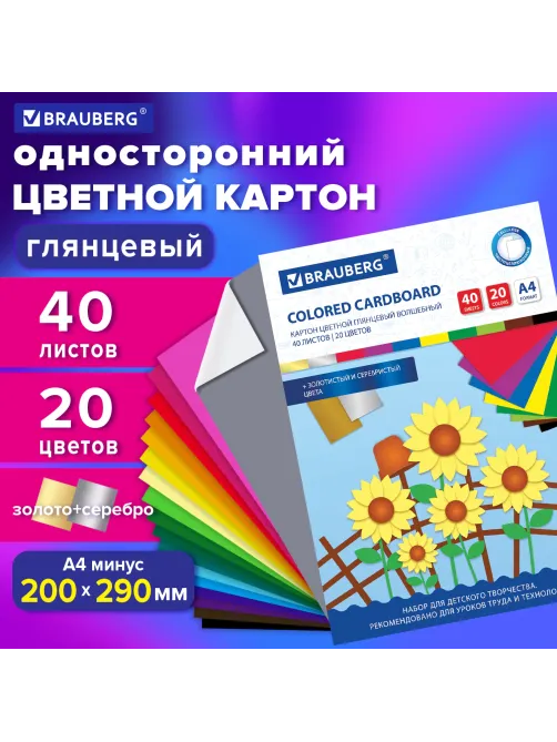 Картон цветной А4 МЕЛОВАННЫЙ ВОЛШЕБНЫЙ, 40 листов, 20 цветов, в папке, BRAUBERG, 200х290 мм, 113545