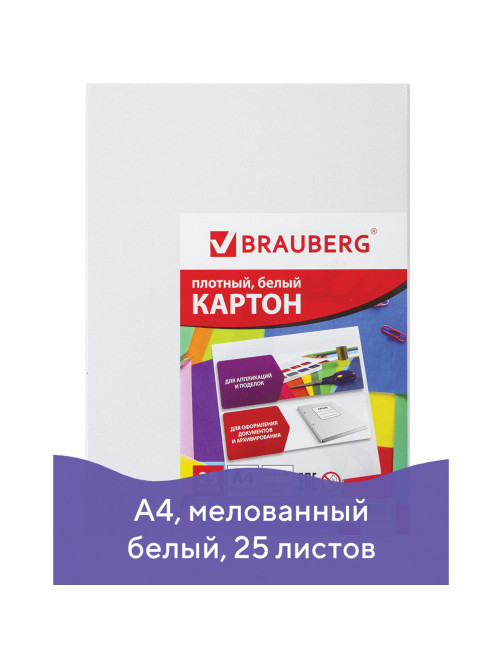 Картон белый А4 МЕЛОВАННЫЙ (белый оборот), 25 листов, BRAUBERG, 210х297 мм, 124021