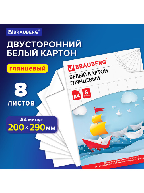 Картон белый А4 МЕЛОВАННЫЙ (белый оборот), 8 листов, в папке, BRAUBERG, 200х290 мм, 