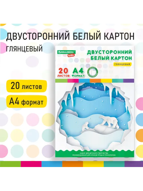 Картон белый А4 МЕЛОВАННЫЙ (белый оборот), 20 листов, в папке, BRAUBERG KIDS, 203х283 мм, 115160