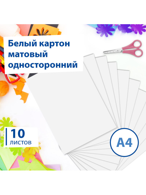 Картон белый А4 немелованный, 10 листов, в папке, BRAUBERG, 200х290 мм, 