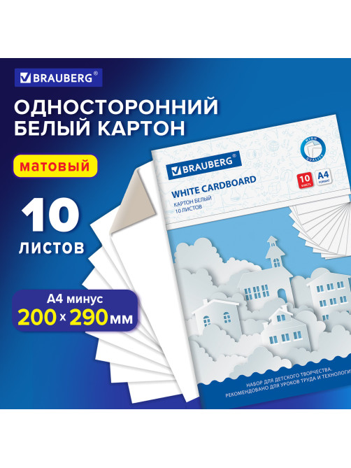 Картон белый А4 немелованный, 10 листов, в папке, BRAUBERG, 200х290 мм, 