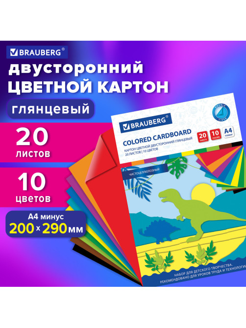Картон цветной А4 2-сторонний МЕЛОВАННЫЙ, 20 листов, 10 цветов, в папке, BRAUBERG, 200х290 мм, 113554