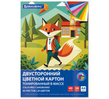 Картон цветной А4 ТОНИРОВАННЫЙ В МАССЕ, 40 листов, 20 цветов, склейка, 180 г/м2, BRAUBERG, 116341