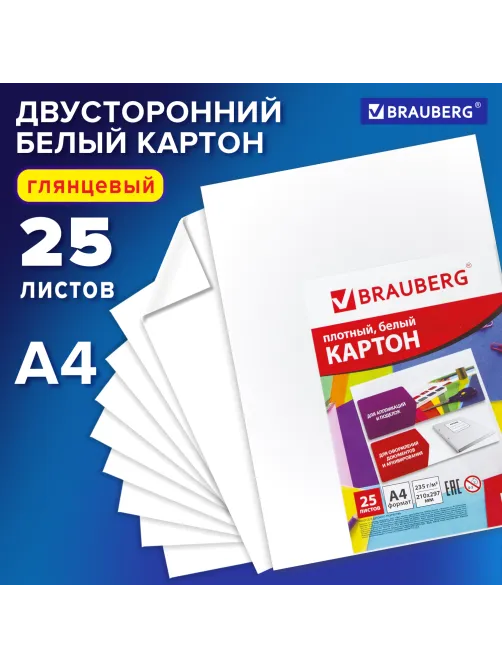 Картон белый А4 МЕЛОВАННЫЙ (белый оборот), 25 листов, BRAUBERG, 210х297 мм, 124021