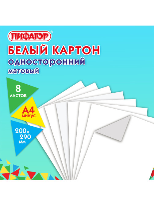 Картон белый А4 немелованный (матовый), 8 листов, в папке, ПИФАГОР, 200х290 мм, 