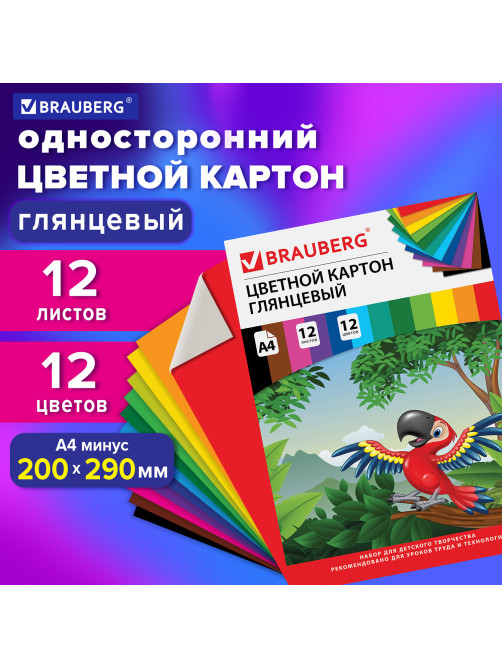 Картон цветной А4 МЕЛОВАННЫЙ (глянцевый), 12 листов 12 цветов, в папке, BRAUBERG, 200х290 мм, 