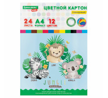 Картон цветной А4 МЕЛОВАННЫЙ, 24 листа,12 цветов, в папке, BRAUBERG KIDS, 203х283 мм, 