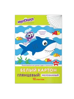 Картон белый А4 МЕЛОВАННЫЙ (белый оборот), 10 листов, в папке, ЮНЛАНДИЯ, 200х290 мм, 
