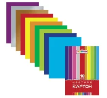 Картон цветной А4 2-сторонний МЕЛОВАННЫЙ, 10 листов 10 цветов, папка, HATBER, 195х280 мм, 
