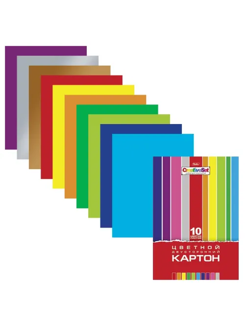Картон цветной А4 2-сторонний МЕЛОВАННЫЙ, 10 листов 10 цветов, папка, HATBER, 195х280 мм, 