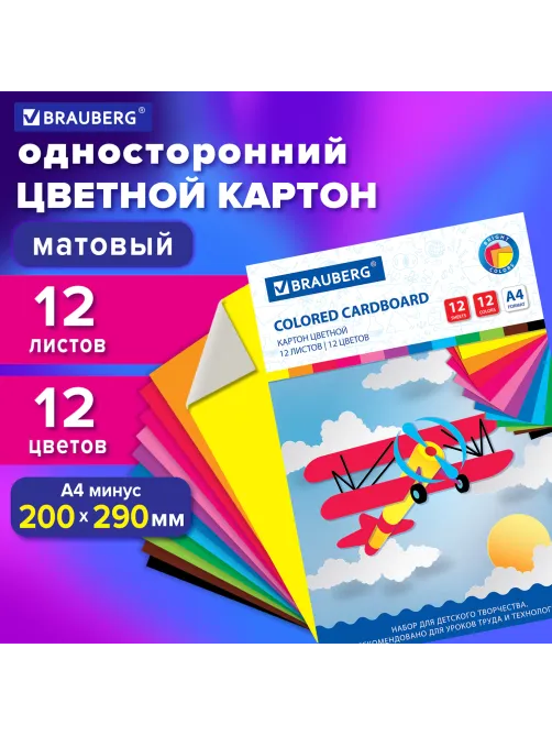 Картон цветной А4 немелованный, 12 листов 12 цветов, в папке, BRAUBERG, 200х290 мм, 