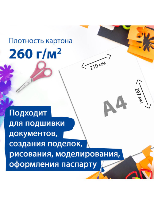 Картон для подшивки документов А4, немелованный, 100 листов, 260 г/м2, BRAUBERG, 210х297 мм, 124877