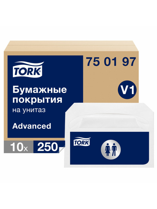 Покрытия на унитаз Tellus/TORK (Система V1), 1/2 сложения, КОМПЛЕКТ 250 шт., 37х41 см, Advanced, белые, 750197