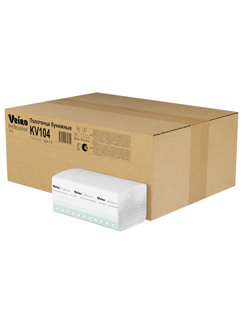 Полотенца бумажные 250 шт., VEIRO (H3) BASIC, 1-слойные, цвет натуральный, КОМПЛЕКТ 20 пачек, 21х21,6, V-сложение, KV104