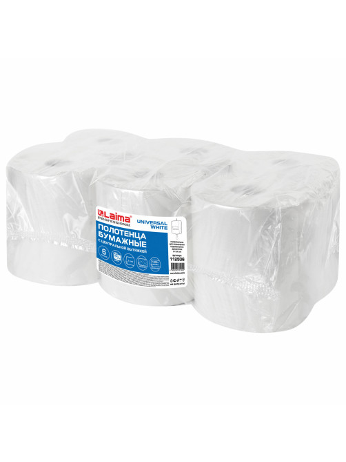 Полотенца бумажные с центральной вытяжкой 300 м, LAIMA (Система M2) UNIVERSAL WHITE, 1-слойные, белые, КОМПЛЕКТ 6 рулонов, 112506