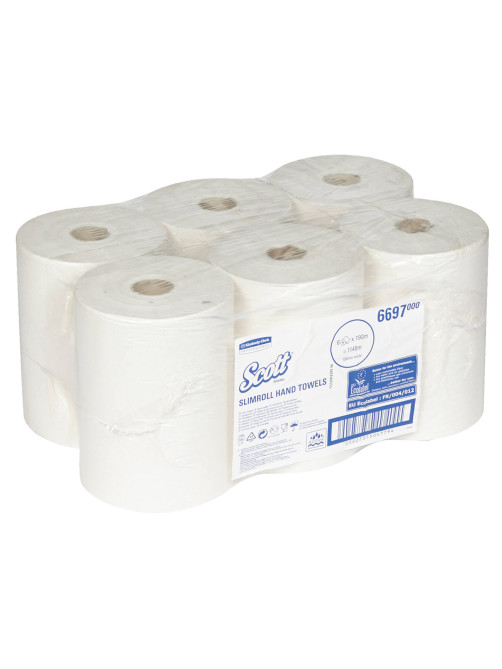 Полотенца бумажные рулонные KIMBERLY-CLARK Scott, КОМПЛЕКТ 6 шт., Slimroll, 190 м, белые, 6697