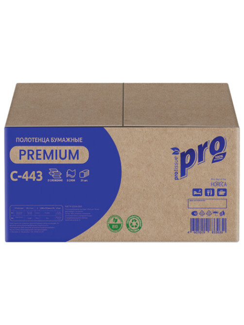 Полотенца бумажные 190 шт., PROtissue (H2) PREMIUM, 2-слойные, белые, КОМПЛЕКТ 21 пачка, 24х21,5 см, Z-сложение, С443