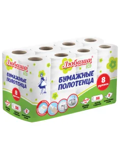 Полотенца бумажные 2-х слойные, спайка 8 рулонов (8х13 м), ЛЮБАША ECO, 114743