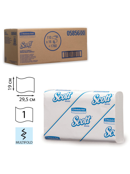 Полотенца бумажные 110 шт., KIMBERLY-CLARK Scott, КОМПЛЕКТ 16 шт., Slimfold, белые, 29,5х19 см, М-fold, 5856