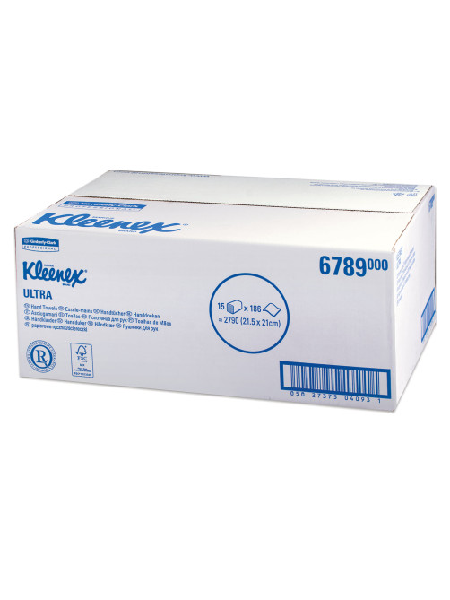 Полотенца бумажные 186 шт., KIMBERLY-CLARK Kleenex, КОМПЛЕКТ 15 шт., Ultra, 2-х слойные, белые, 21х21,5 см, Interfold, 6789