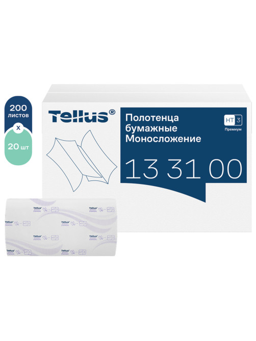 Полотенца бумажные 200 шт., Tellus/TORK (HT3) ПРЕМИУМ, КОМПЛЕКТ 20 пачек, 2-слойные, белые, 23х23 см, V-сложение, 133100