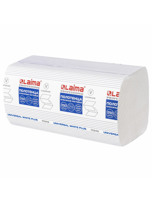 Полотенца бумажные 250 шт., LAIMA (H3) UNIVERSAL WHITE PLUS, 1-слойные, белые, КОМПЛЕКТ 15 пачек, 23х23, V-сложение, 111343