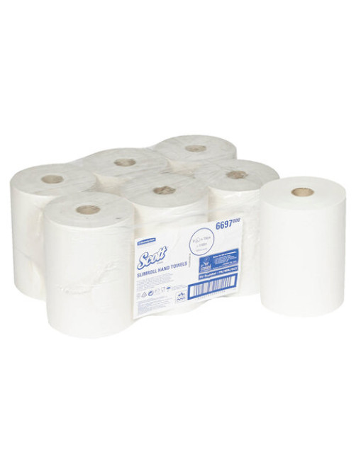 Полотенца бумажные рулонные KIMBERLY-CLARK Scott, КОМПЛЕКТ 6 шт., Slimroll, 190 м, белые, 6697