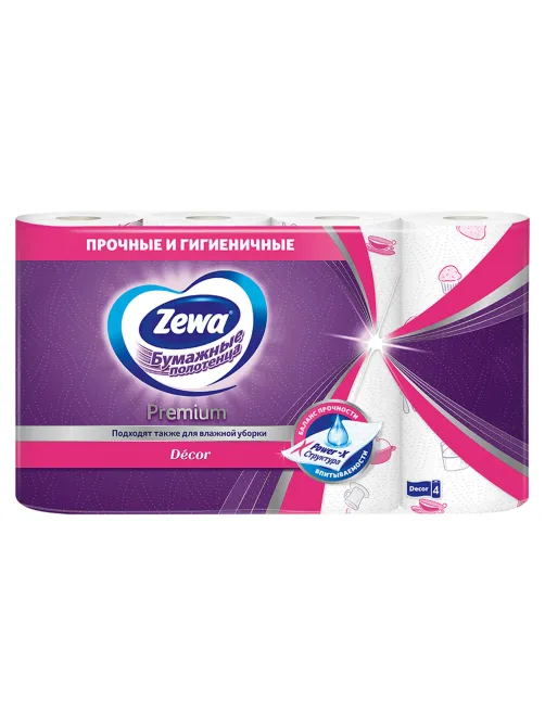Полотенца бумажные впитывающие 2-х слойные, 4 рулона (4х14 м), ZEWA Premium Decor, 144124