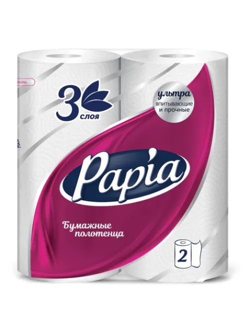 Полотенца бумажные бытовые, спайка 2 шт., 3-слойные (2х10,8 м), PAPIA, 22,7x12 см, белые, 5081504