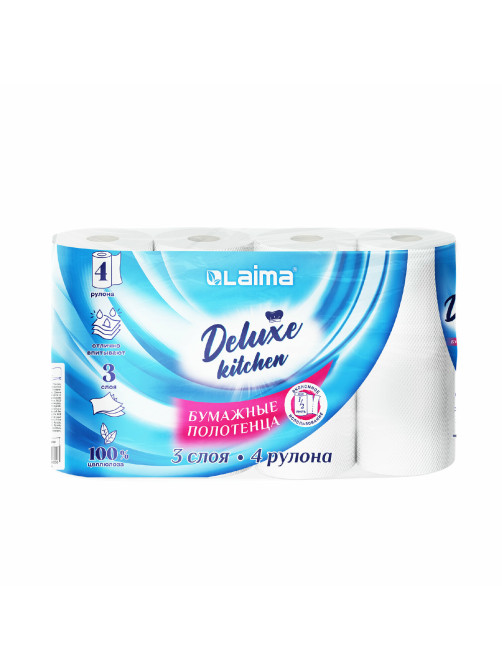 Полотенца бумажные 3-х слойные, 4 рулона по 11 м (отрыв 1/2 листа), LAIMA Deluxe, 100% целлюлоза, 115400