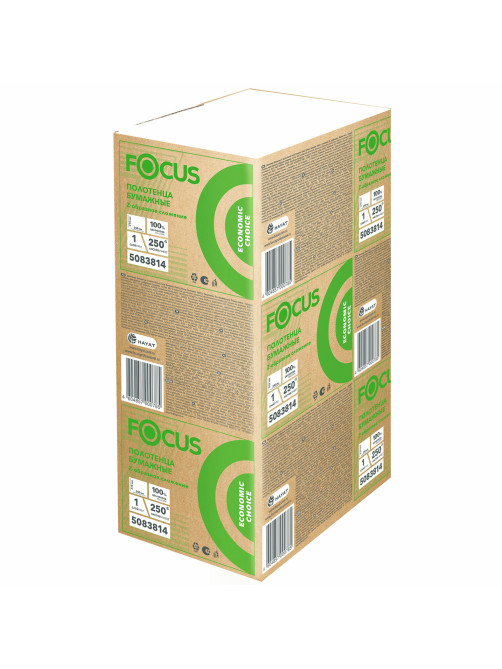 Полотенца бумажные 250 шт. FOCUS (Система H2) Eco, 1-слойные, белые, КОМПЛЕКТ 12 пачек, 24х21,5, Z-сложение, 5083814/5069958
